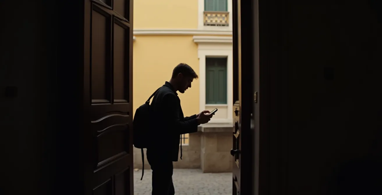 Persona che verifica documenti energetici con smartphone per sicurezza