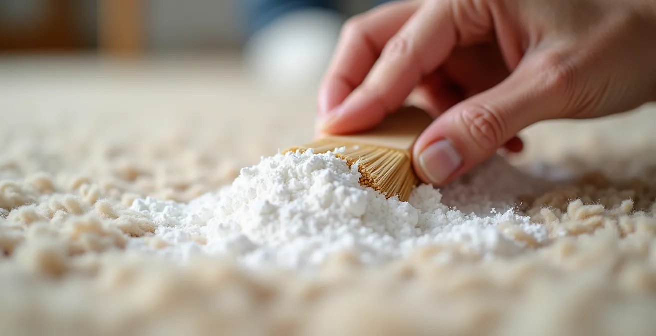 Mani che applicano bicarbonato su tappeto di lana naturale