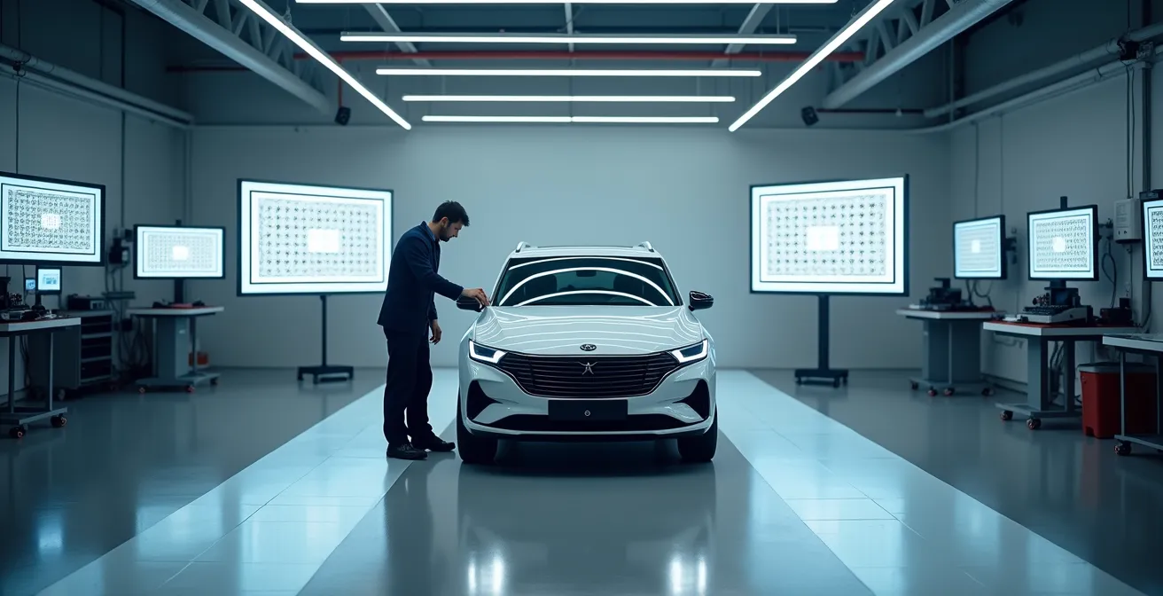 Tecnico specializzato che esegue la calibrazione dei sensori ADAS in officina