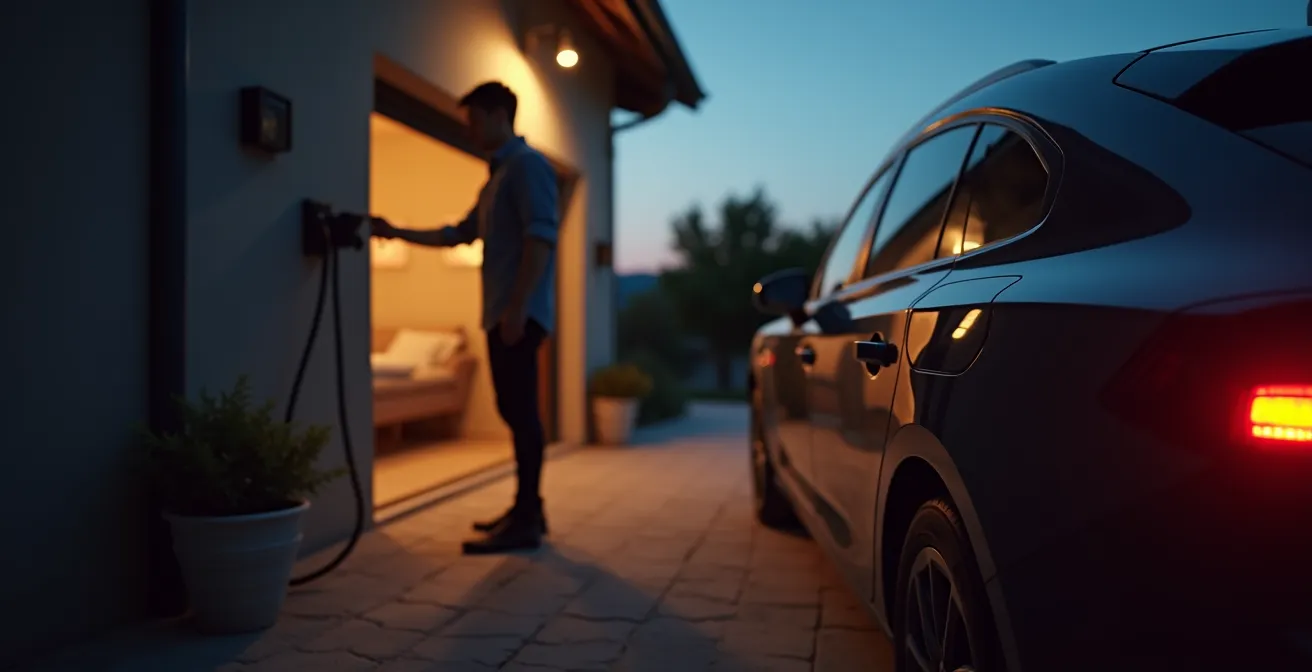 Scena notturna di ricarica domestica di auto elettrica in ambiente italiano