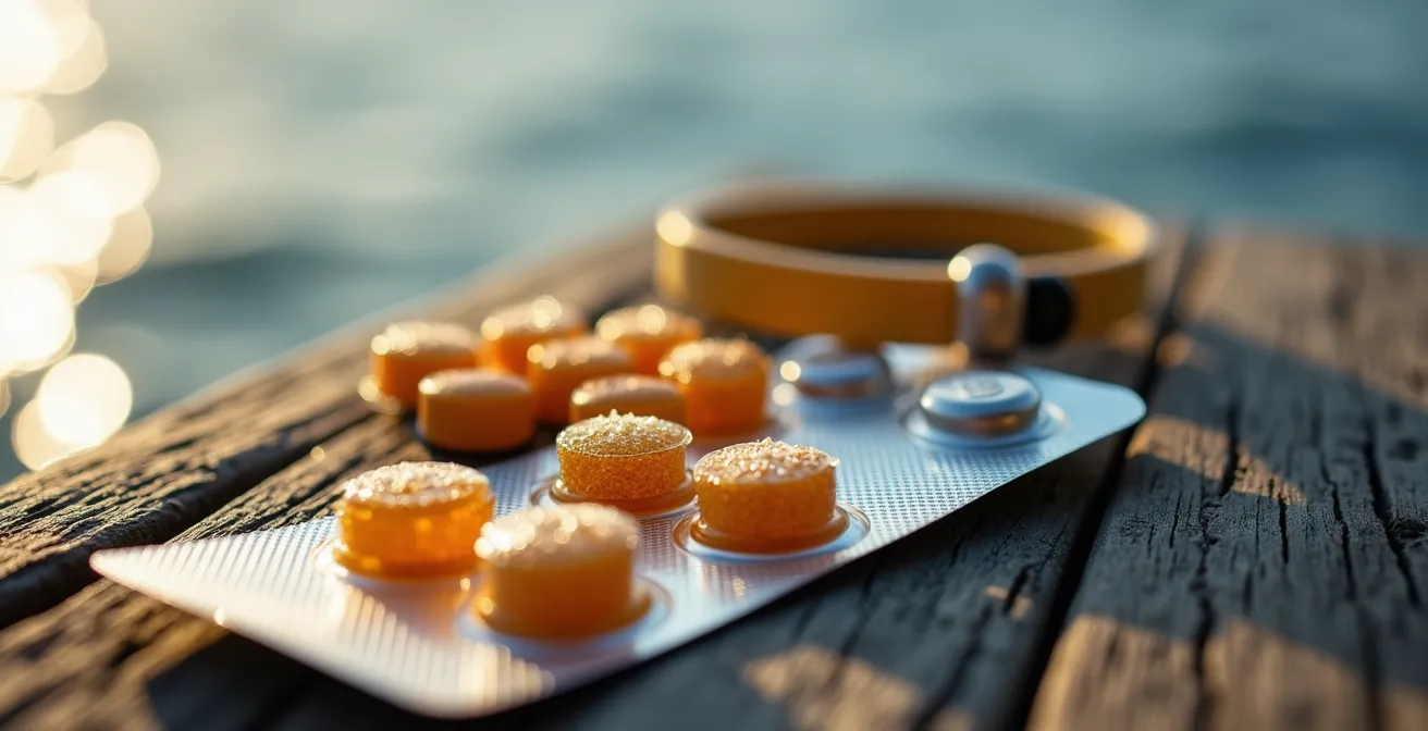 Dettaglio macro di rimedi contro il mal di mare su superficie in legno di nave