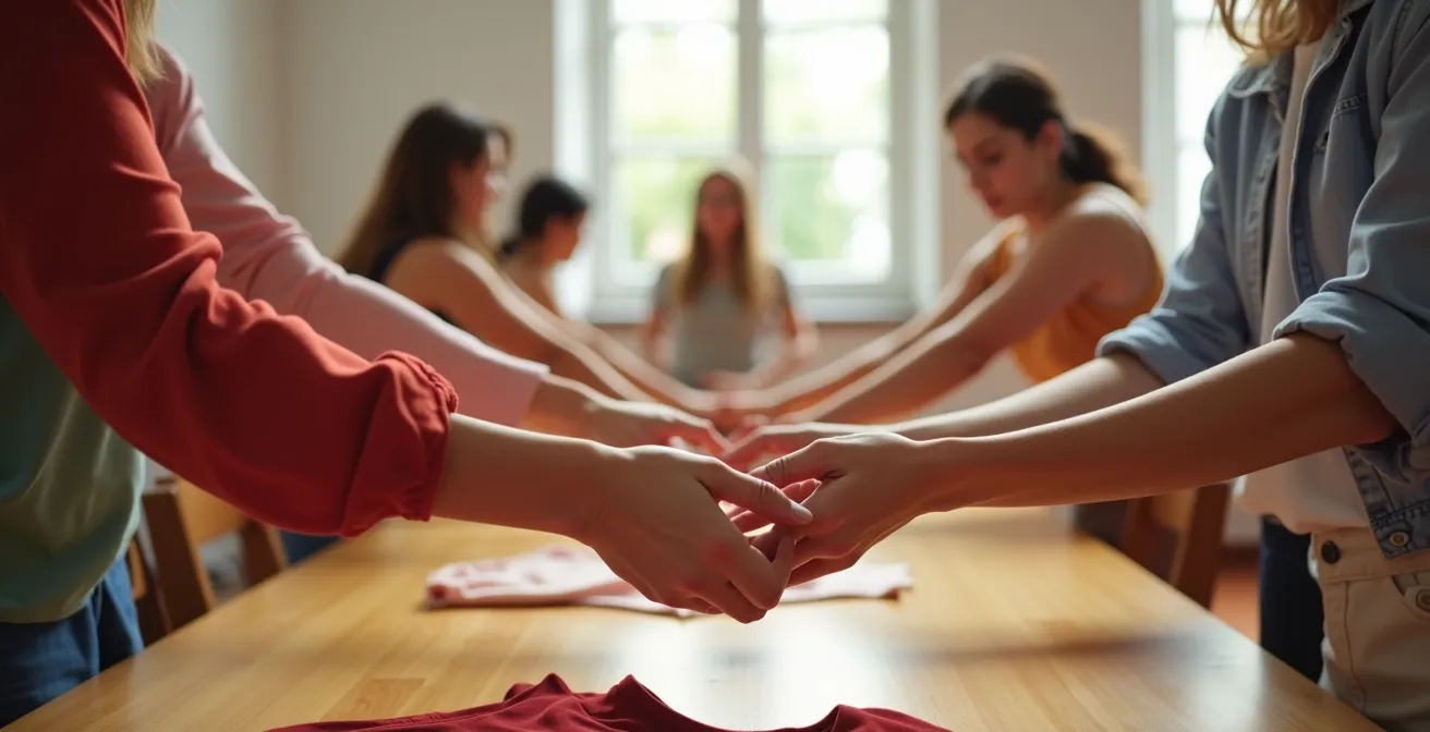 Momento di scambio vestiti durante uno swap party italiano, simbolo di economia circolare.