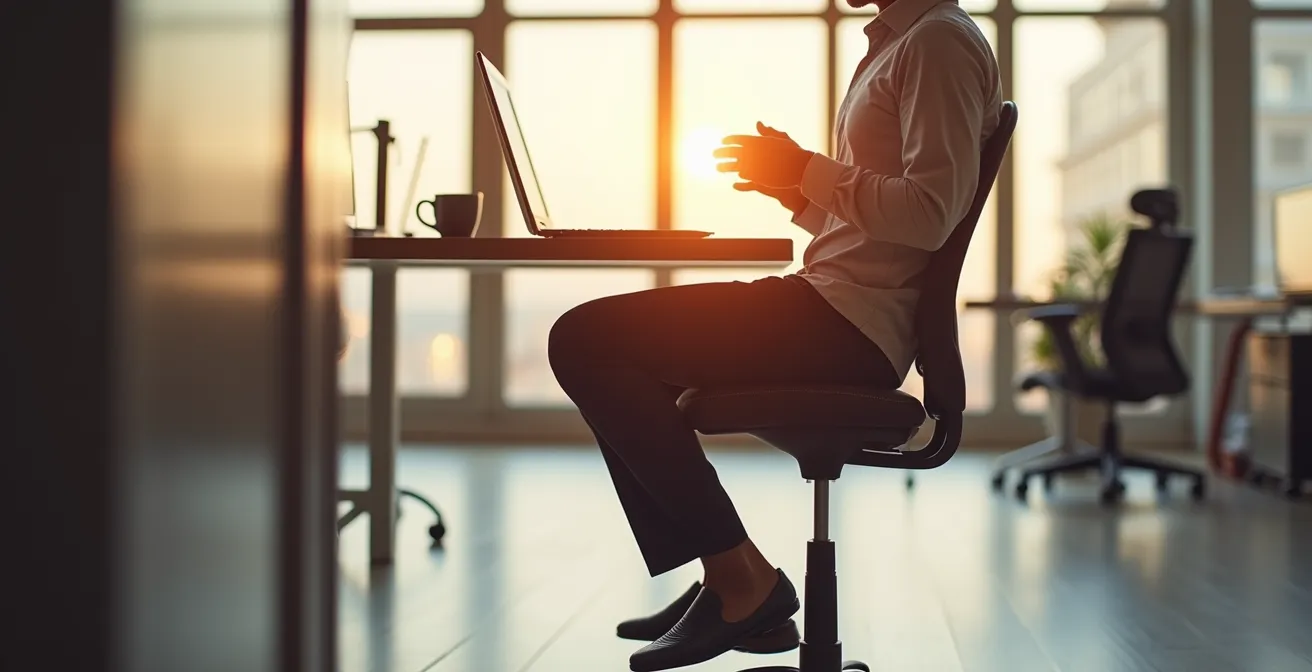 Primo piano di uno sgabello ergonomico oscillante con base basculante in un ufficio italiano