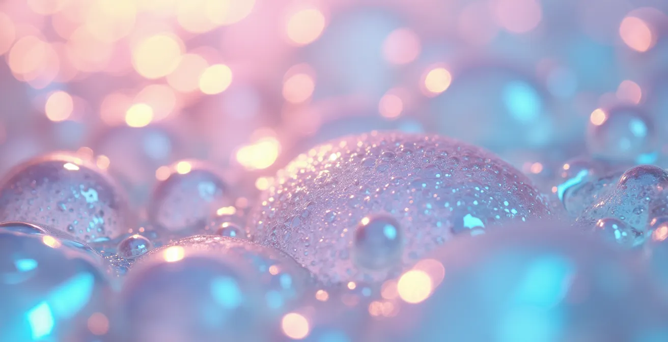 Dettaglio macro di texture siliconiche nei cosmetici con riflessi iridescenti