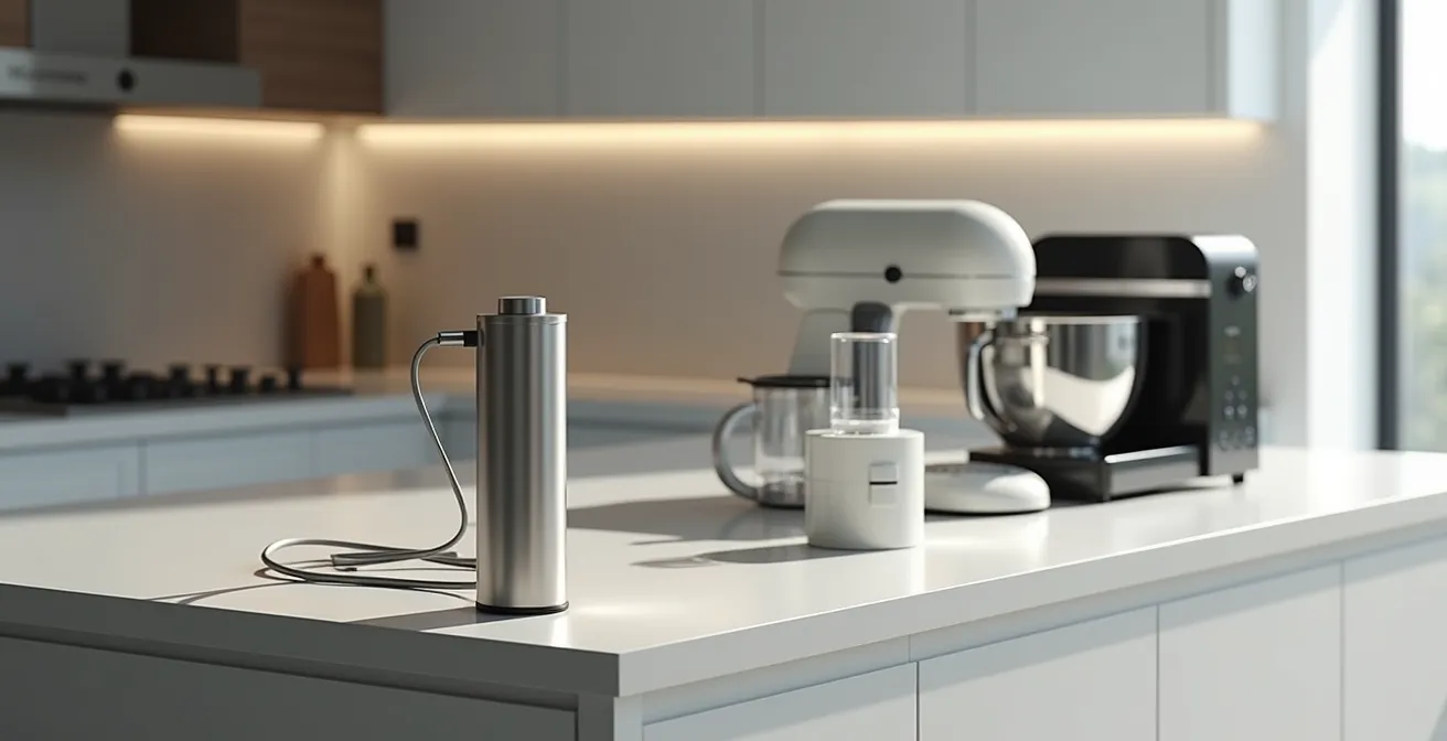 Sistema di prese elettriche integrate in isola cucina moderna