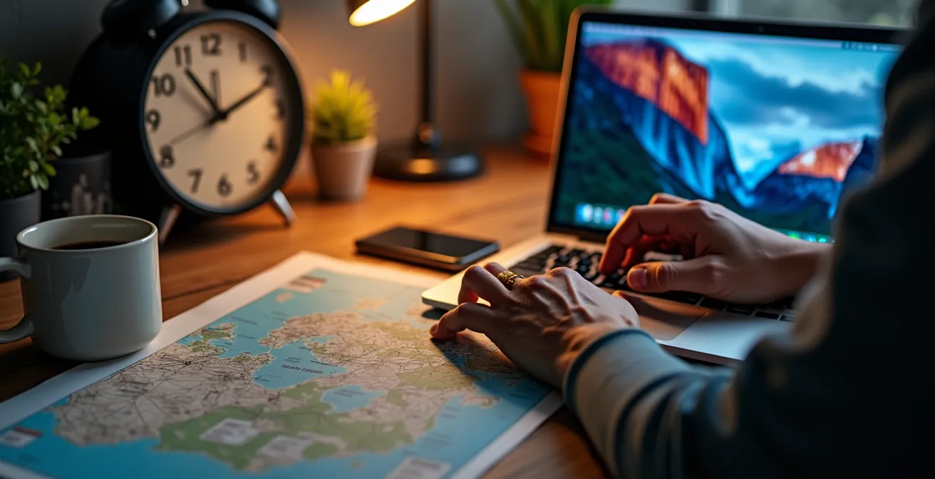 Mani su tastiera durante prenotazione urgente campeggi con orologio che mostra il countdown