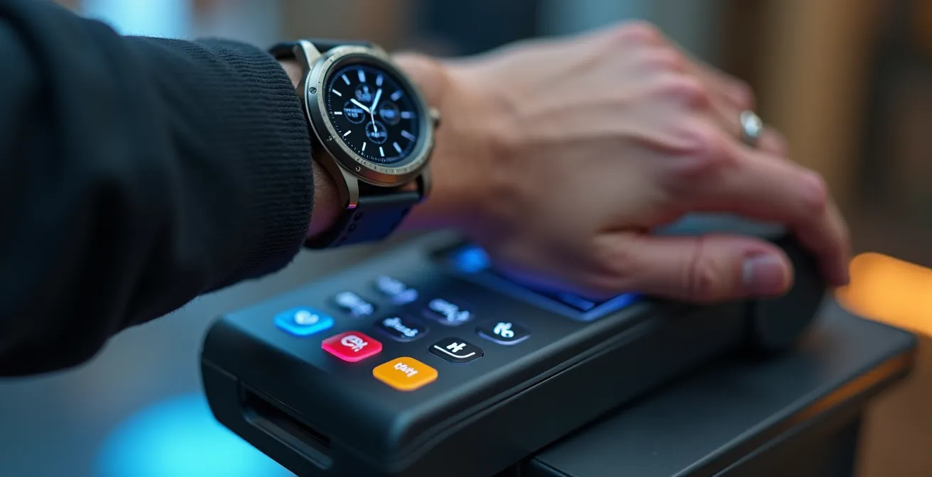 Dettaglio macro di uno smartwatch durante un pagamento contactless su terminale POS