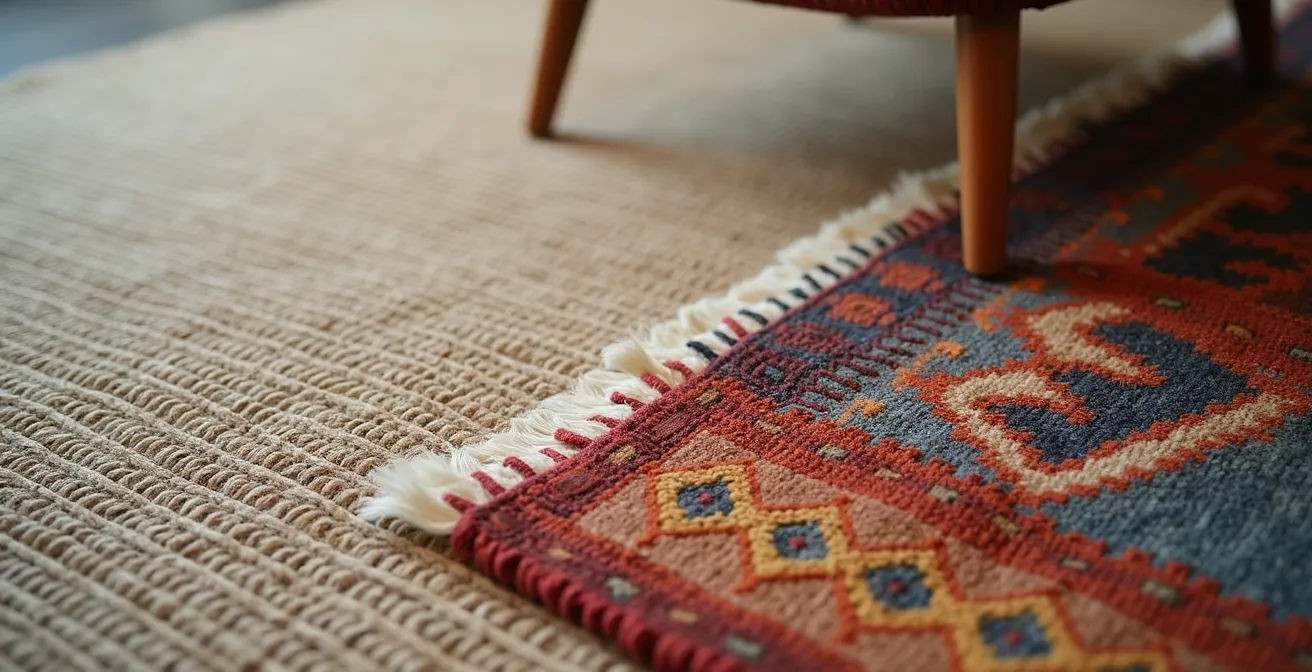 Tecnica del layering con tappeti sovrapposti per unificare stili diversi