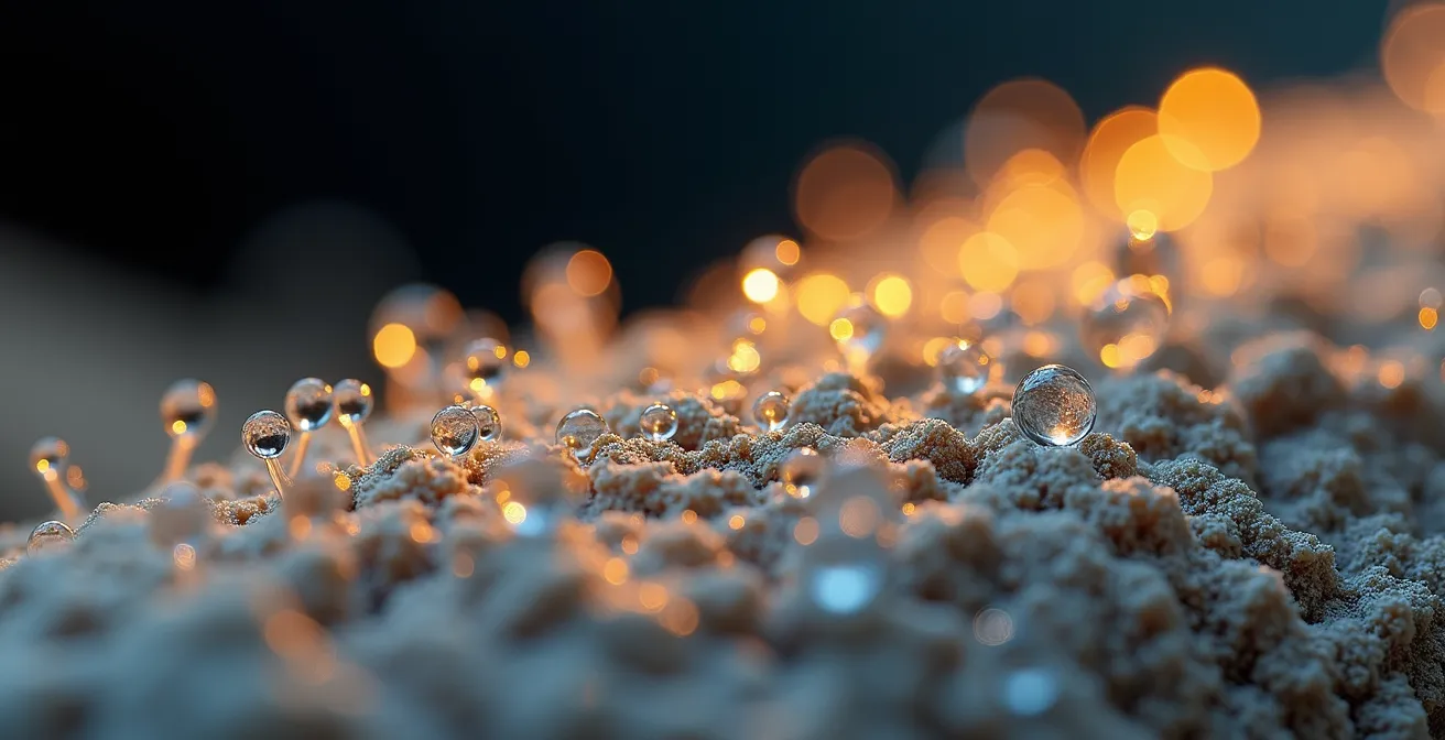 Superficie di biomateriale in micelio con gocce d'acqua che dimostrano l'impermeabilità