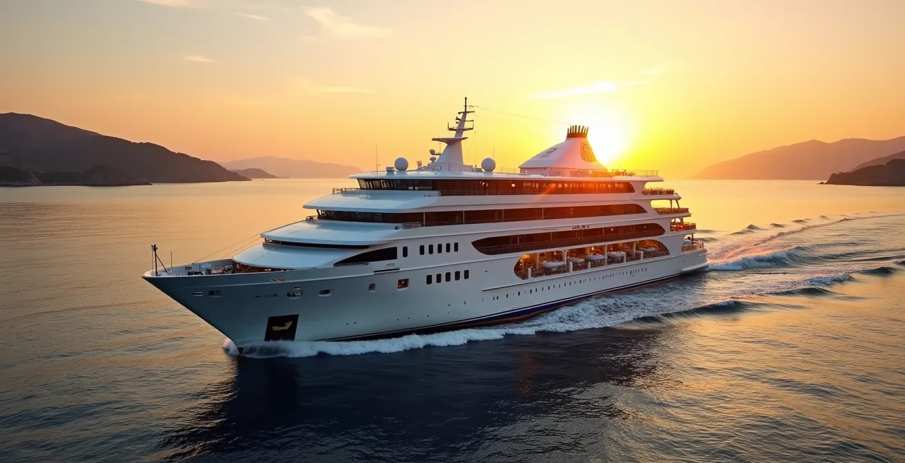 Traghetto moderno greco che naviga al tramonto con cabine private visibili