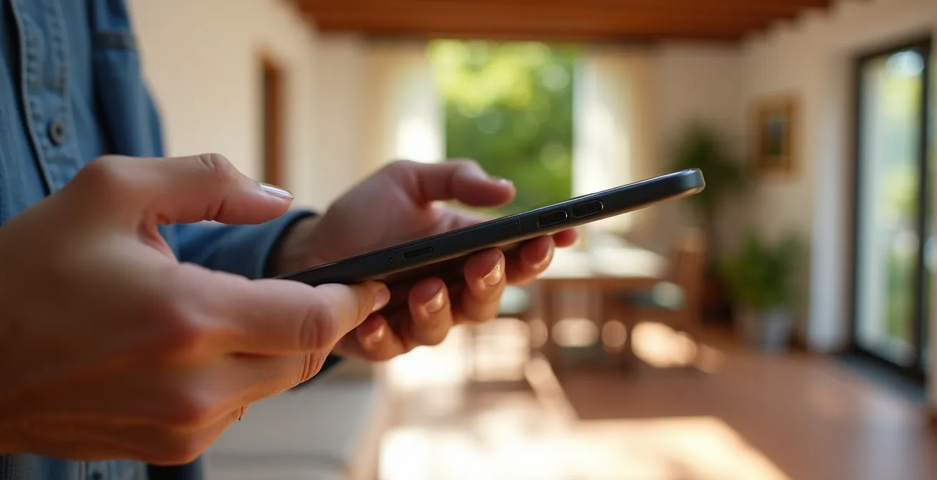 Smartphone che mostra un divano virtuale posizionato con precisione in un salotto italiano